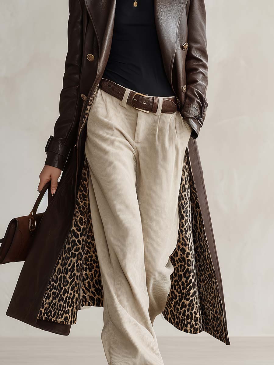 Retro Brown Faux-Leather Peak-Lapel Gold-Button Longline Leopard-Lined Trench Coat Women