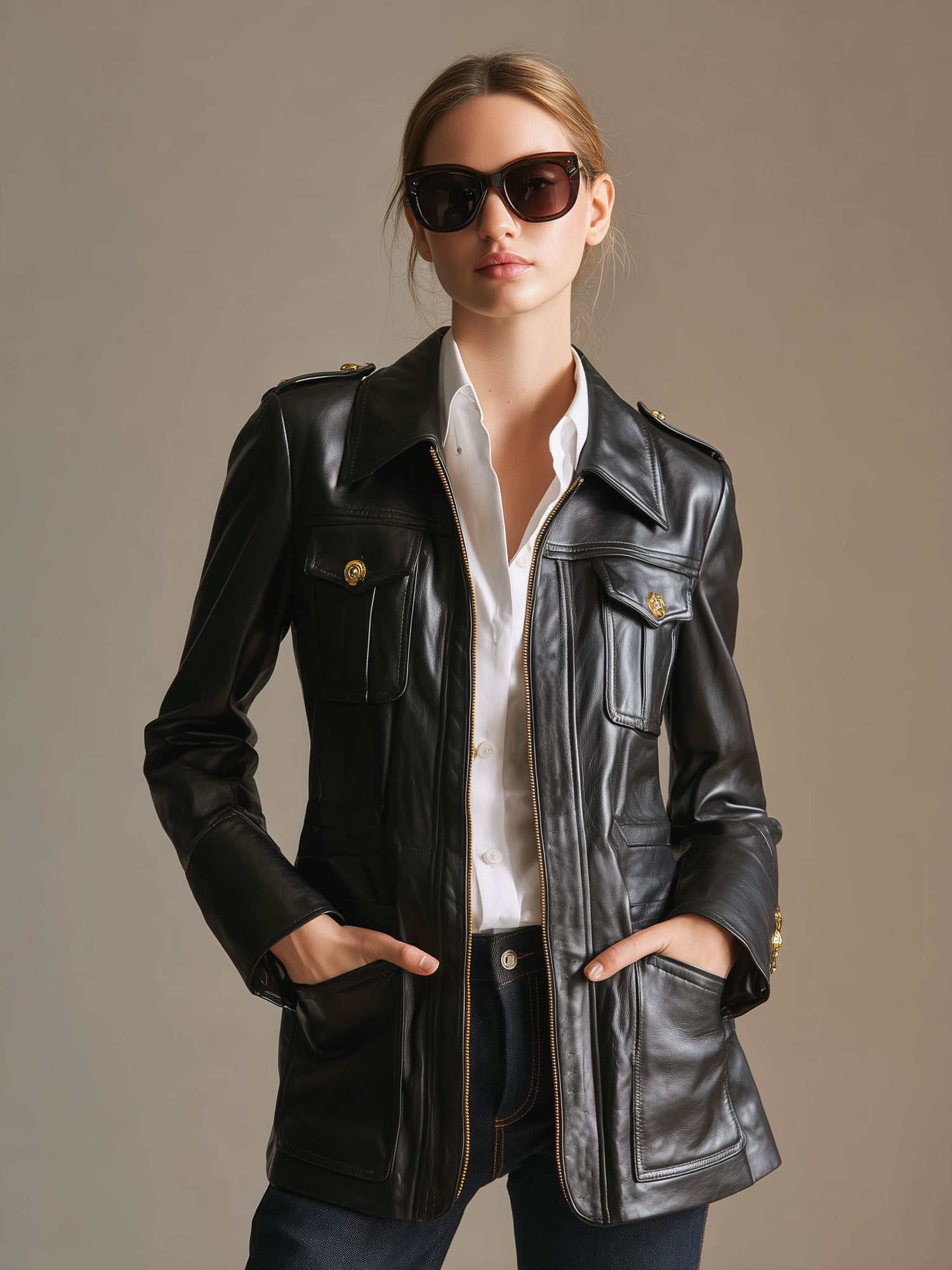 Stylish Retro Multi-pocket Black PU Zip-up Jacket