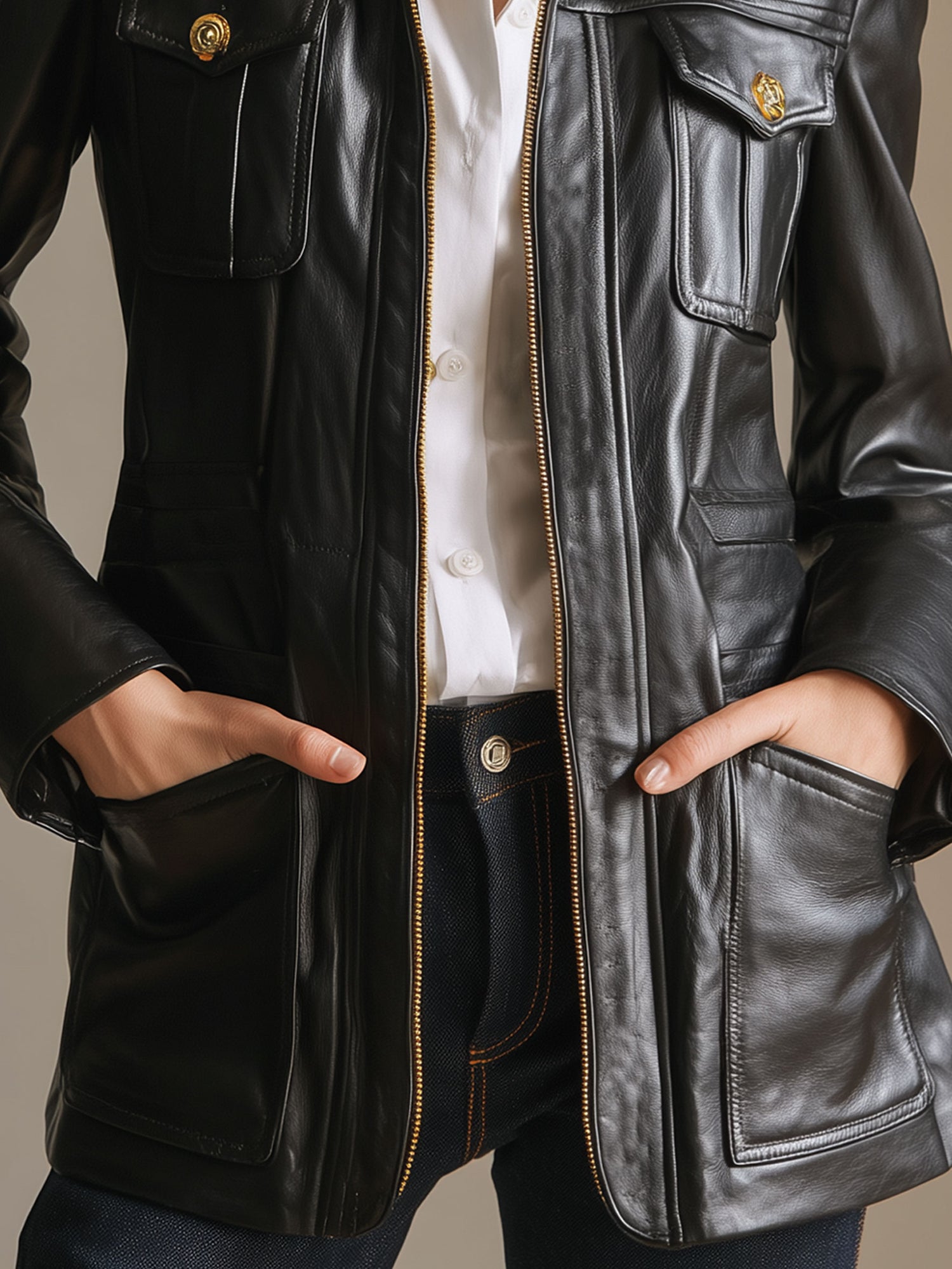 Stylish Retro Multi-pocket Black PU Zip-up Jacket