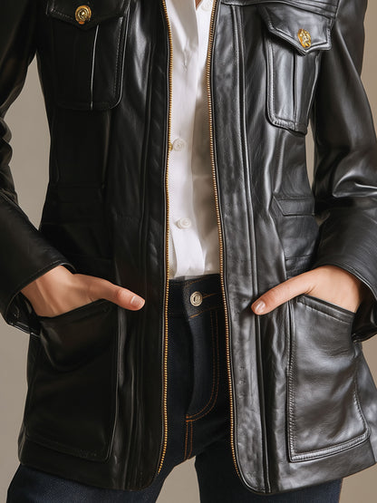 Stylish Retro Multi-pocket Black PU Zip-up Jacket