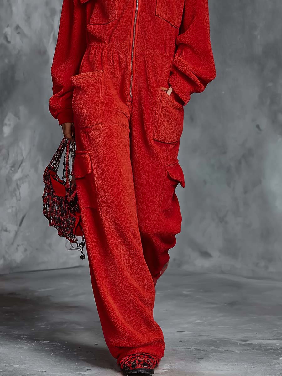 Retro Lazy Red Fleece Hooded Zip-Front Cargo-Pocket Wide-Leg Cozy Utility Jumpsuit Women