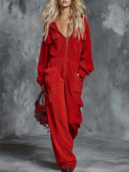 Retro Lazy Red Fleece Hooded Zip-Front Cargo-Pocket Wide-Leg Cozy Utility Jumpsuit Women