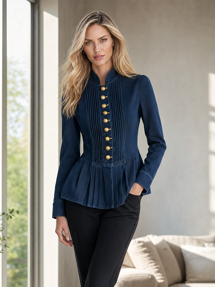Vintage Stand-collar Metal-button Ruched Cropped Denim Jacket