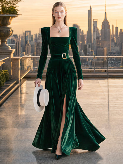 Elegant And Stylish Dark Green Velvet Square Neck Slit Maxi Dress