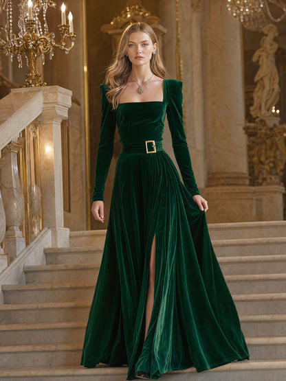 Elegant And Stylish Dark Green Velvet Square Neck Slit Maxi Dress