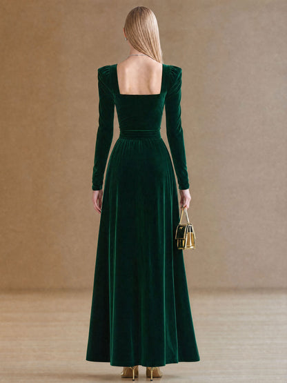Elegant And Stylish Dark Green Velvet Square Neck Slit Maxi Dress