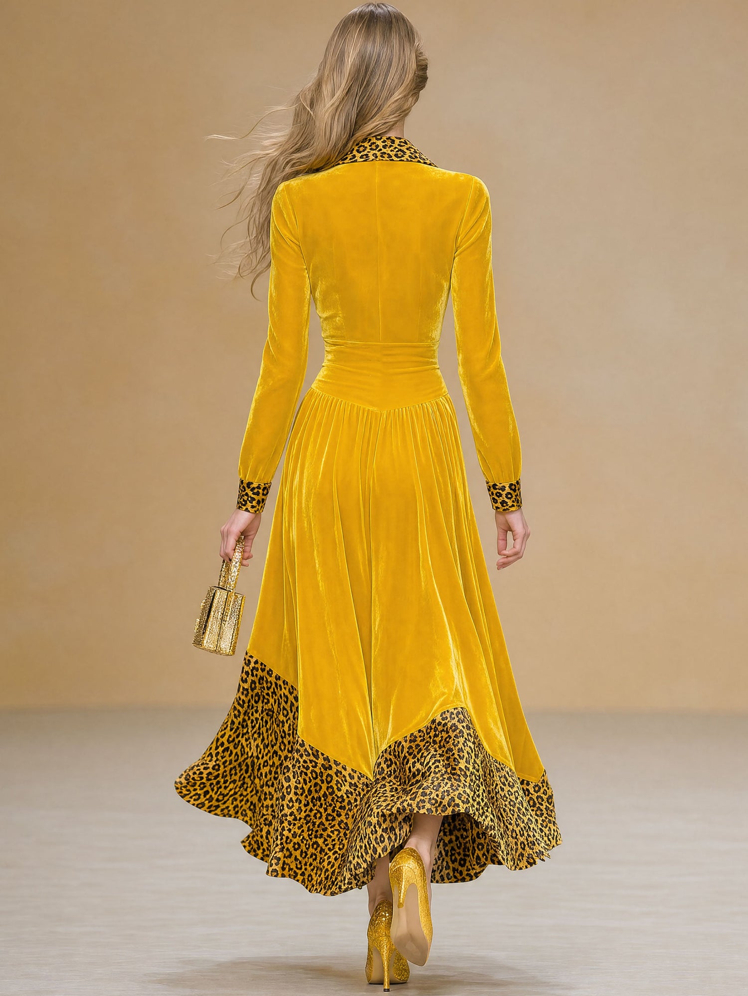 Elegant And Stylish Leopard Print Yellow Velvet Maxi Dress