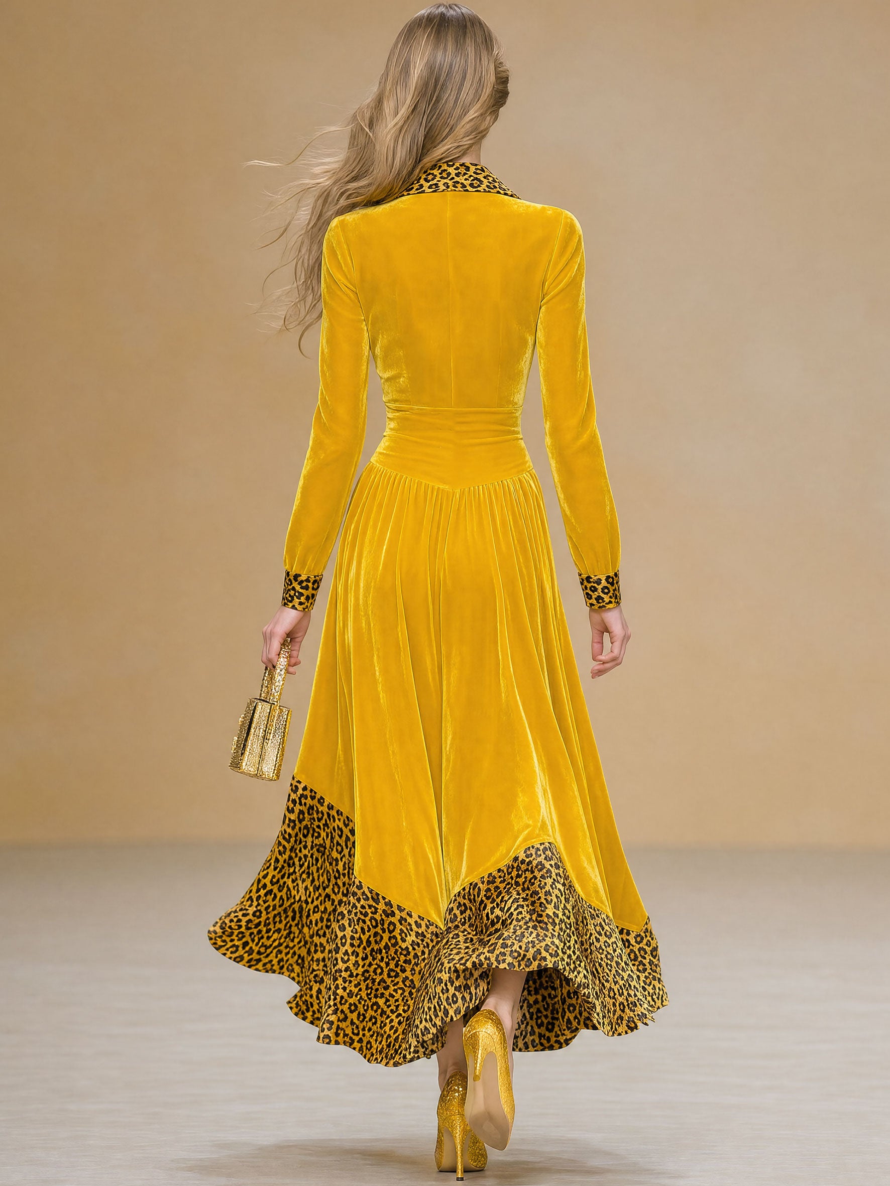 Elegant And Stylish Leopard Print Yellow Velvet Maxi Dress