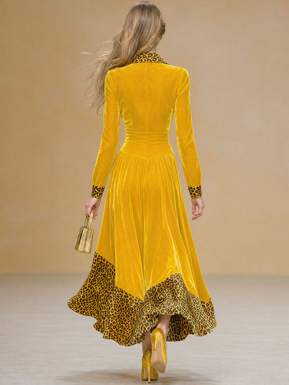 Elegant And Stylish Leopard Print Yellow Velvet Maxi Dress