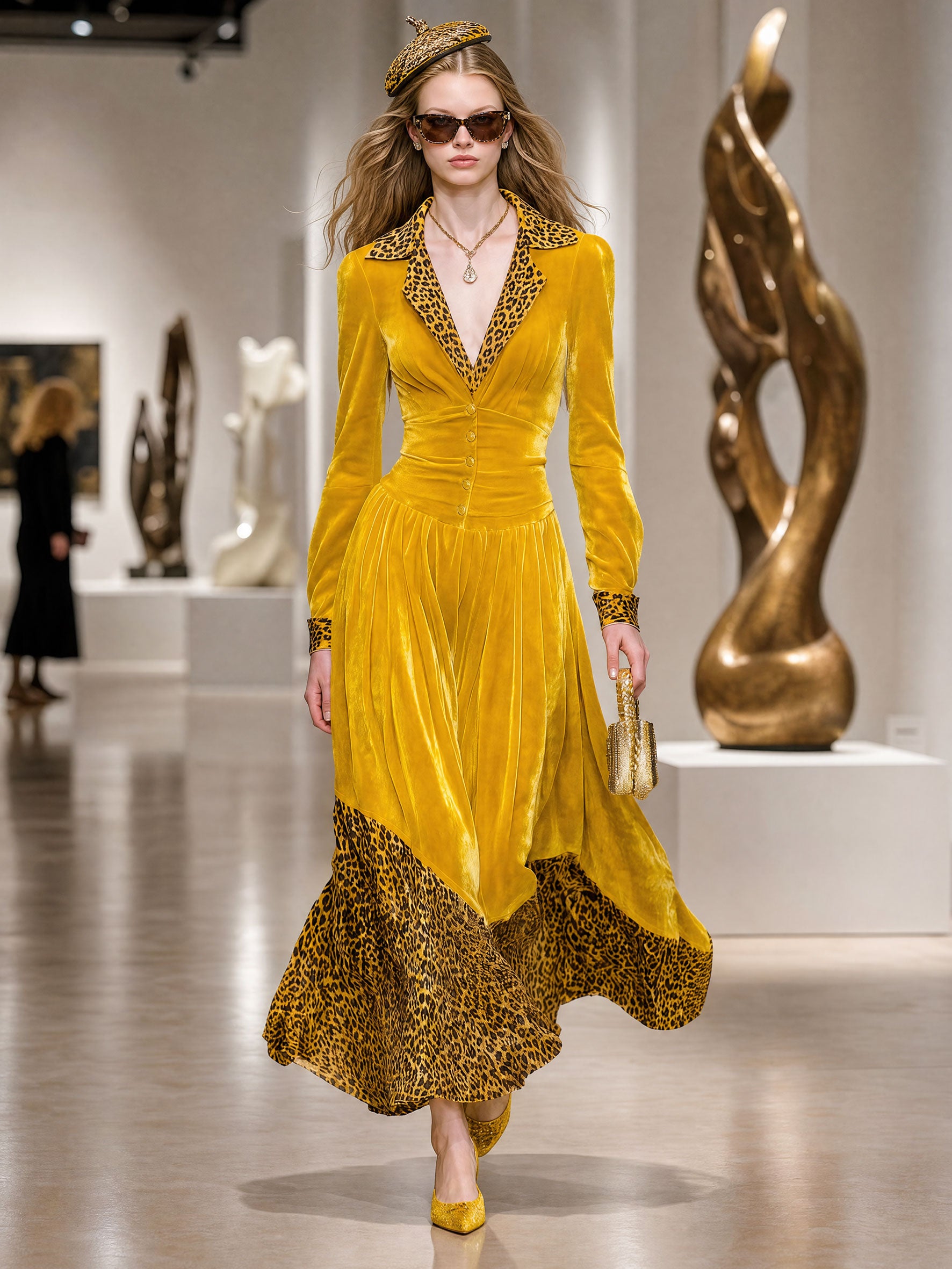 Elegant And Stylish Leopard Print Yellow Velvet Maxi Dress
