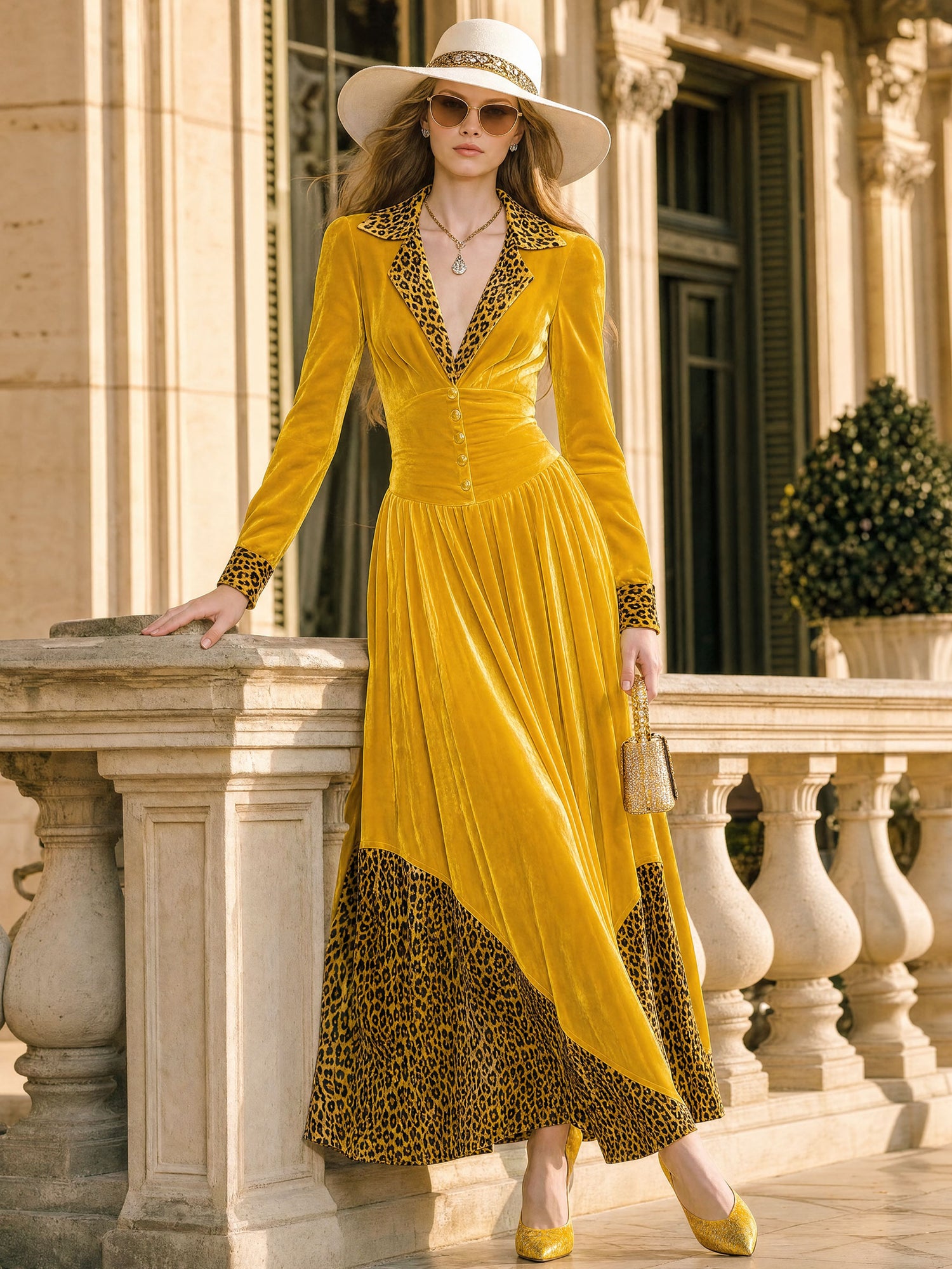 Elegant And Stylish Leopard Print Yellow Velvet Maxi Dress