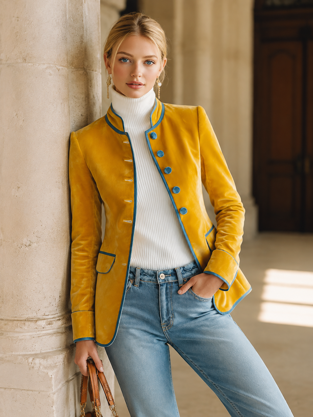 Vintage-luxe Piped Mustard-yellow Velvet Jacket