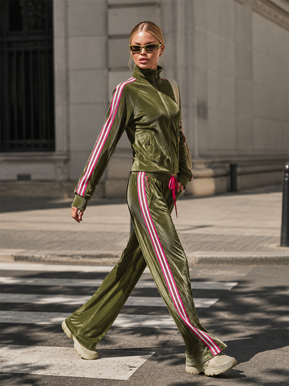 Retro Urban Sporty Stripe-Trim Olive Green Velour Zip-Up Top And Wide-Leg Pants Set