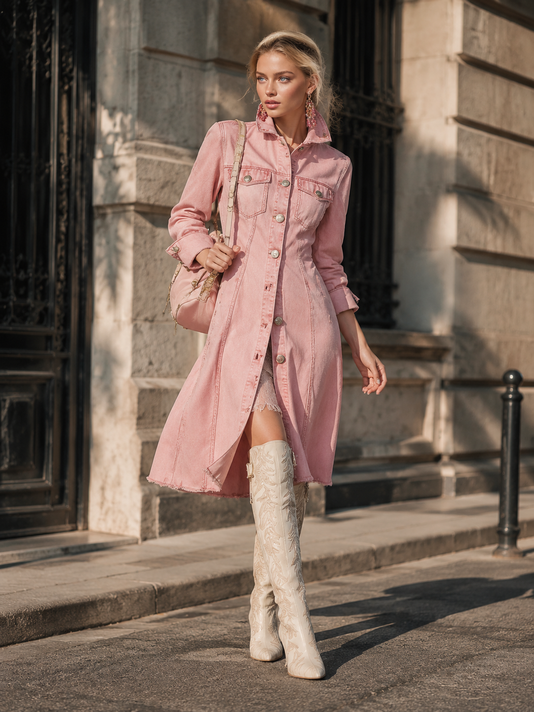 Stylish Retro Pink Denim Single-Breasted Trench-Style Midi Dress