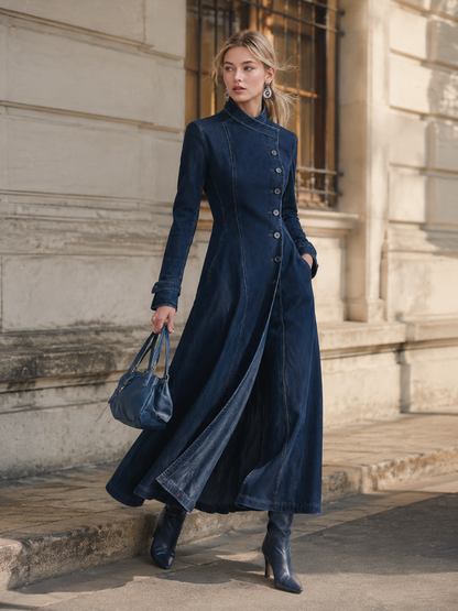 Elegant Minimalist Blue Denim Asymmetric-Placket Dress-Style Trench Coat