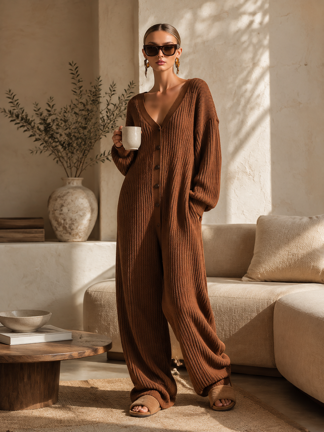 Cozy Relaxed-fit Brown V-neck Ribbed Knit Jumpsuit