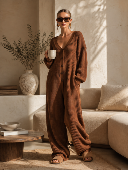 Cozy Relaxed-fit Brown V-neck Ribbed Knit Jumpsuit