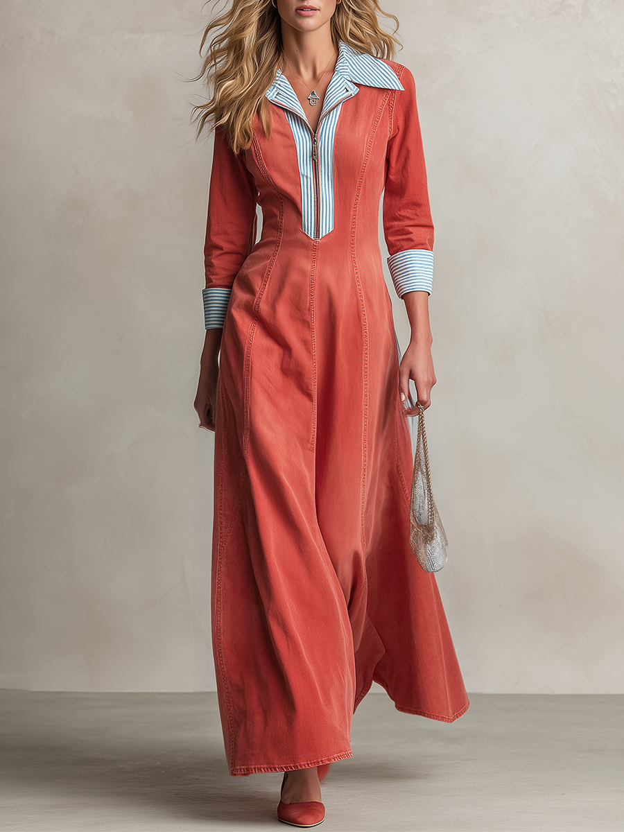 Casual Vintage Blue-and-white Striped Denim Maxi Dress