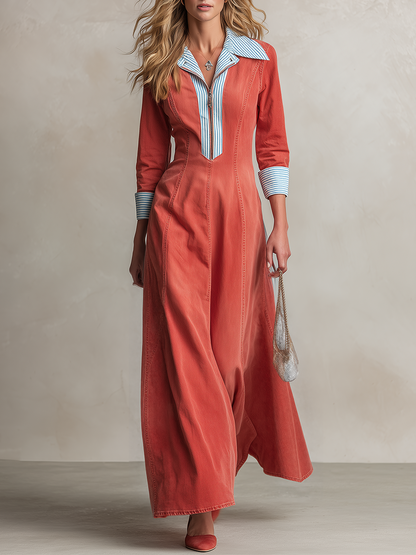 Casual Vintage Blue-and-white Striped Denim Maxi Dress