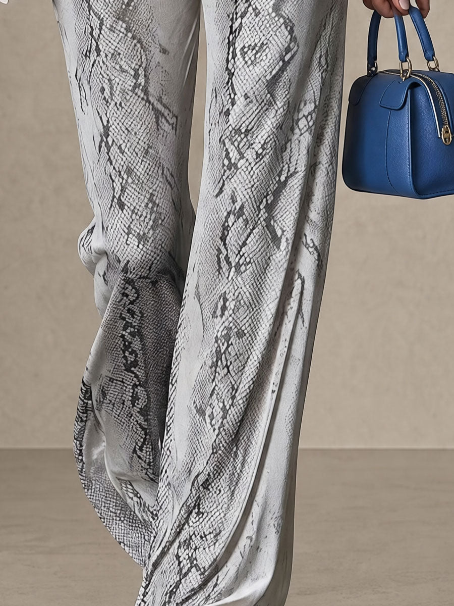 Retro Gray Snakeskin Print Lapel Long-sleeved Tie-front Velvet Jumpsuit