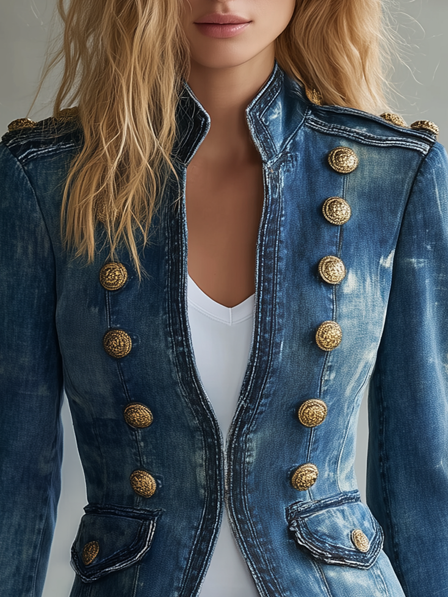 Vintage Stand-collar Double-breasted Gold-button Slim-fit Denim Jacket