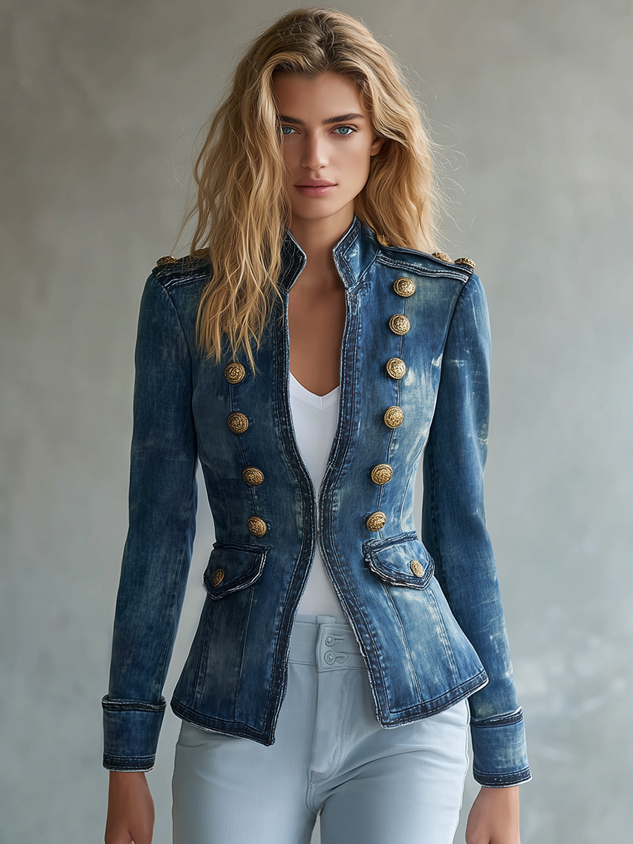 Vintage Stand-collar Double-breasted Gold-button Slim-fit Denim Jacket
