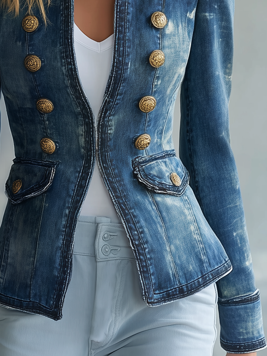 Vintage Stand-collar Double-breasted Gold-button Slim-fit Denim Jacket
