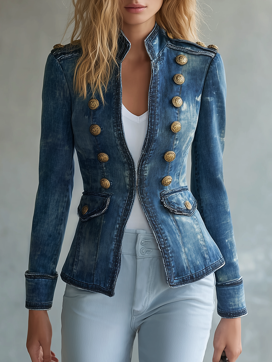Vintage Stand-collar Double-breasted Gold-button Slim-fit Denim Jacket
