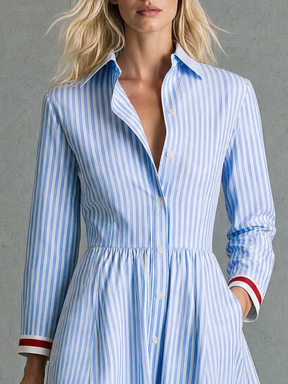 Retro-style Color-blocked Blue Striped Long-sleeved Collared Cotton Midi Dress