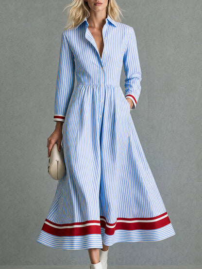 Retro-style Color-blocked Blue Striped Long-sleeved Collared Cotton Midi Dress