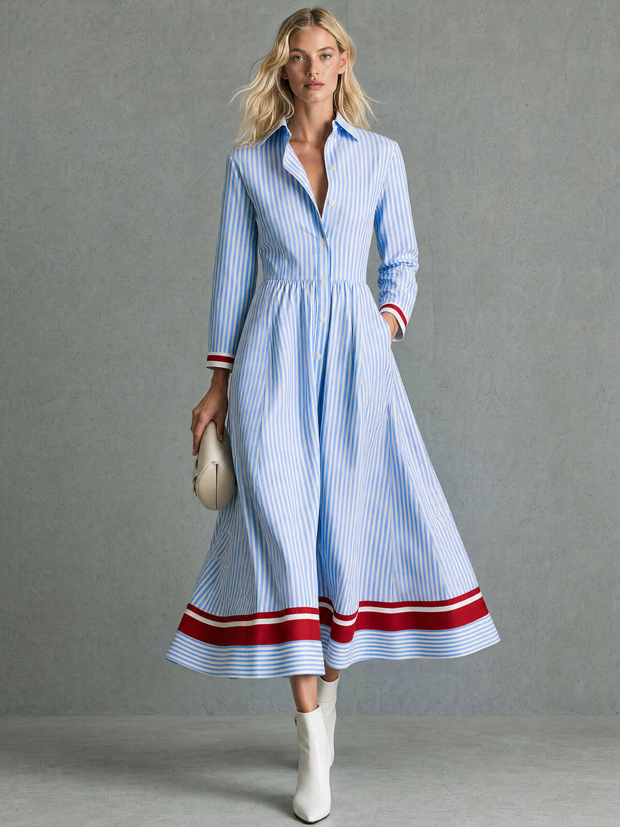 Retro-style Color-blocked Blue Striped Long-sleeved Collared Cotton Midi Dress