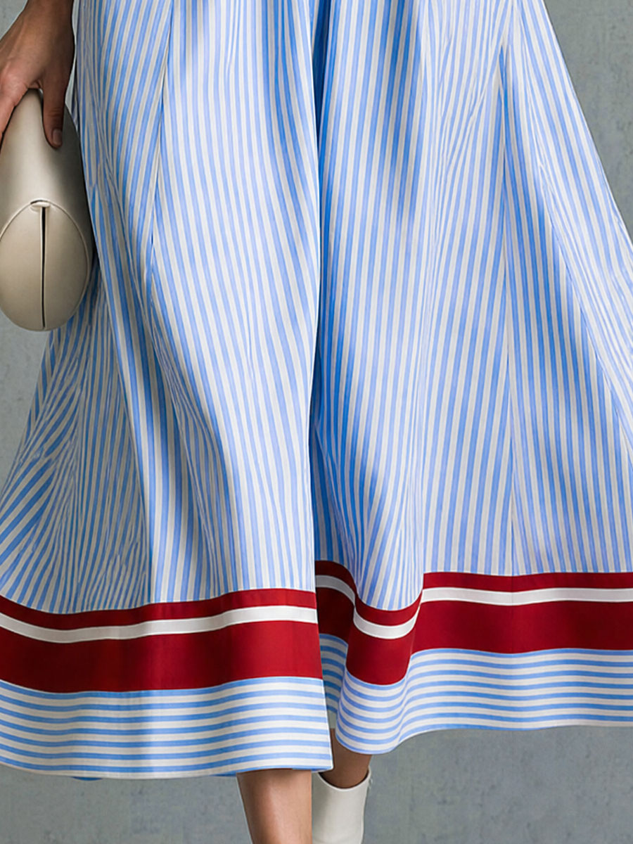 Retro-style Color-blocked Blue Striped Long-sleeved Collared Cotton Midi Dress
