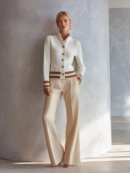 Classic Old Money Style Creamy White Ribbed Knit Cardigan