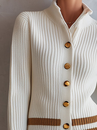Classic Old Money Style Creamy White Ribbed Knit Cardigan