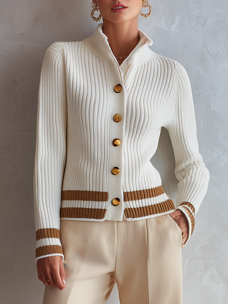Classic Old Money Style Creamy White Ribbed Knit Cardigan