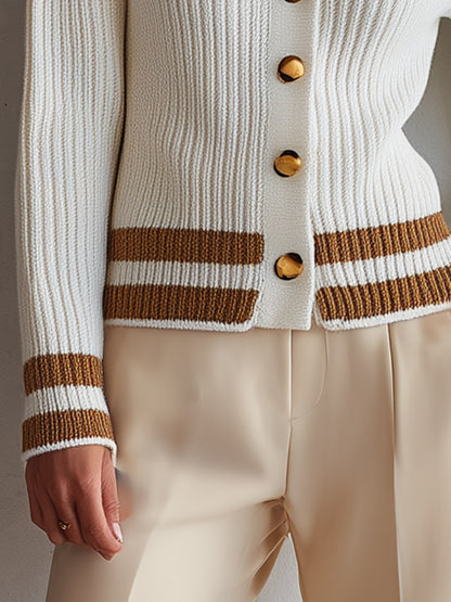 Classic Old Money Style Creamy White Ribbed Knit Cardigan