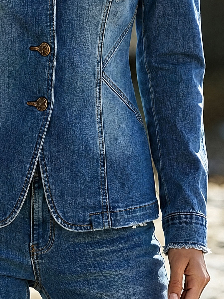 Casual Retro Frayed Blue Denim Blazer
