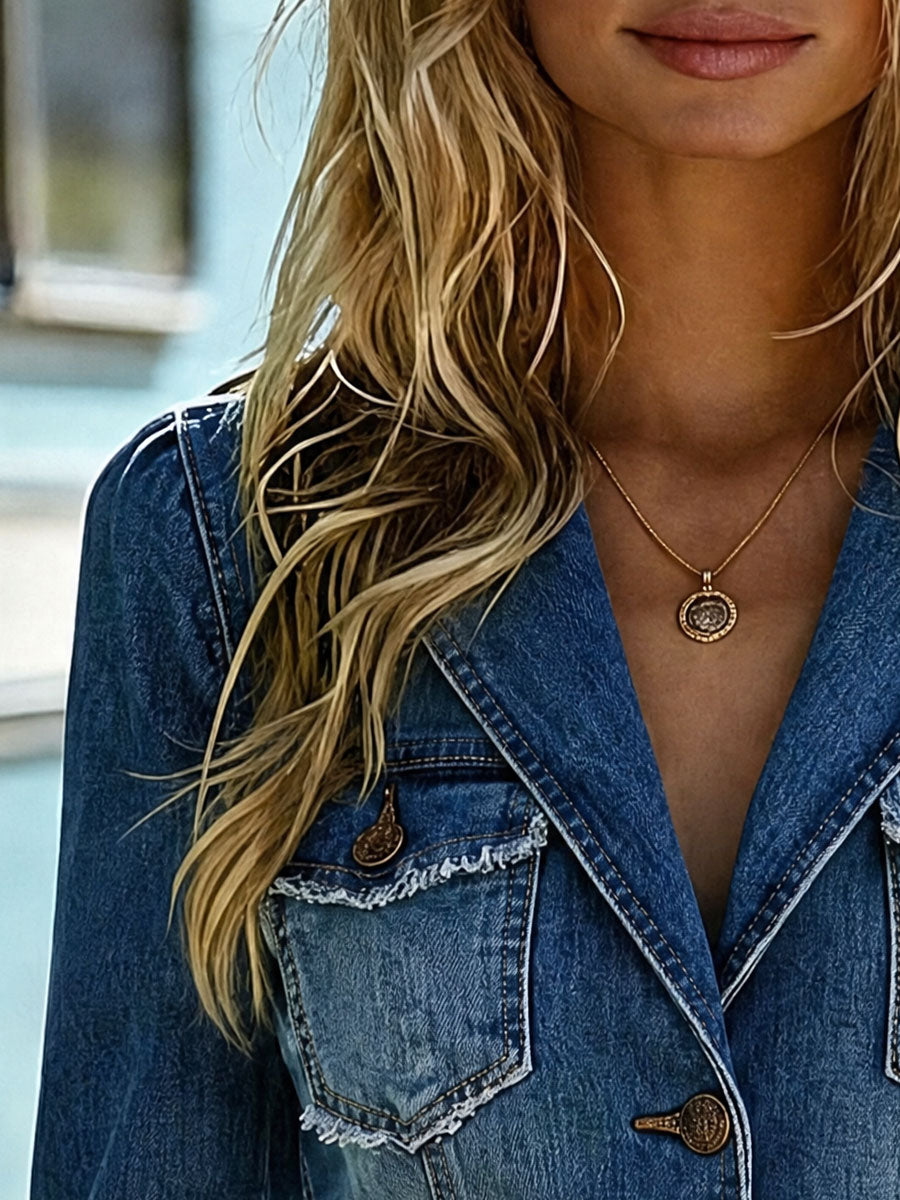 Casual Retro Frayed Blue Denim Blazer