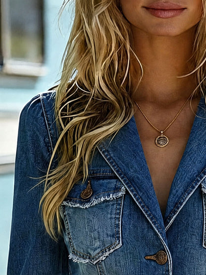 Casual Retro Frayed Blue Denim Blazer