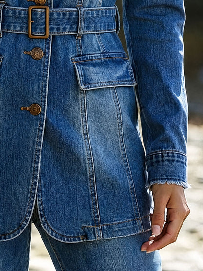 Casual Retro Blue Denim Lace-up Jacket