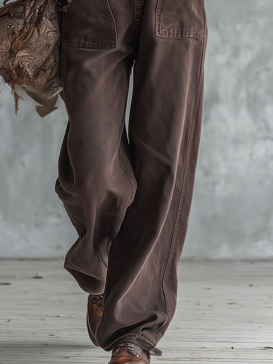 Casual Retro Brown Multi-pocket Denim Overalls