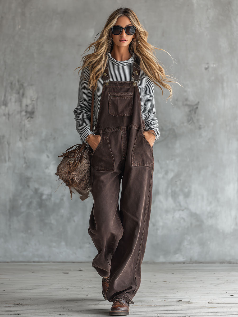 Casual Retro Brown Multi-pocket Denim Overalls