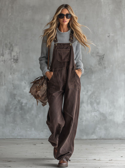 Casual Retro Brown Multi-pocket Denim Overalls
