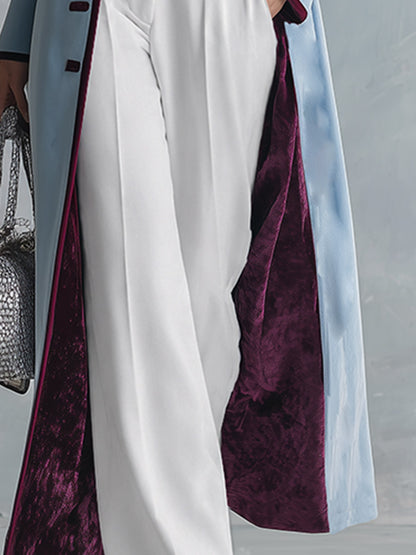 Elegant Urban-style Piped Two-tone Ice-blue Velvet Coat