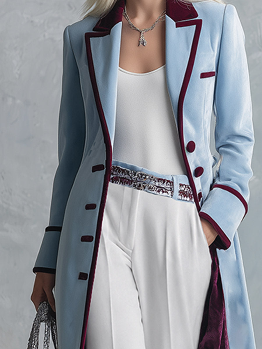 Elegant Urban-style Piped Two-tone Ice-blue Velvet Coat