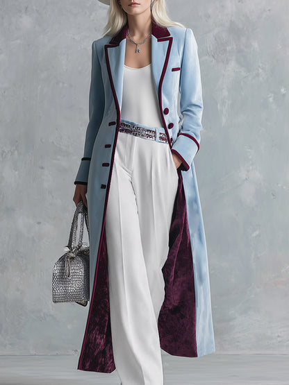 Elegant Urban-style Piped Two-tone Ice-blue Velvet Coat