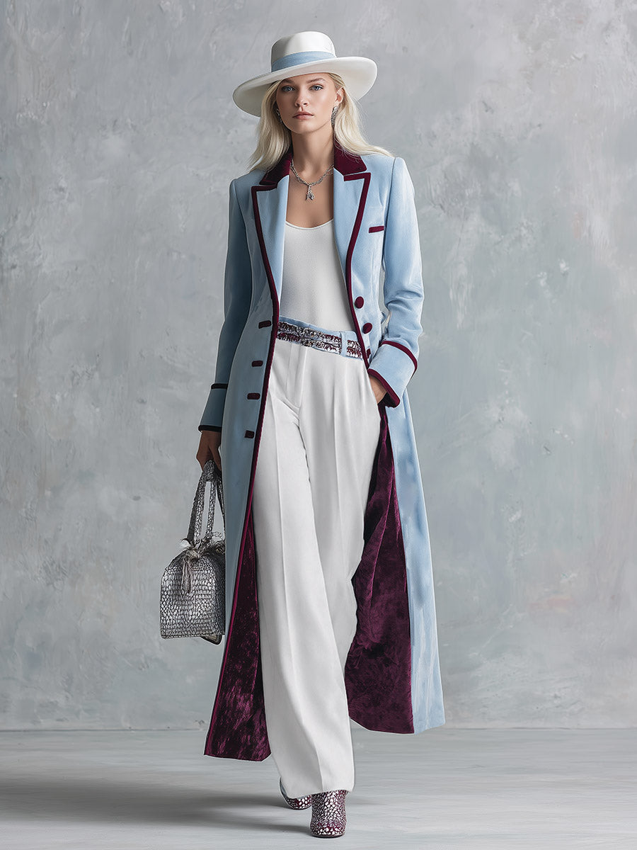 Elegant Urban-style Piped Two-tone Ice-blue Velvet Coat