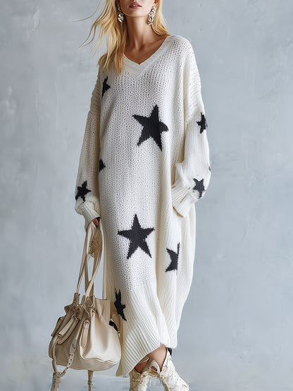 Oversized Star Print Knit Sweater Maxi Dress