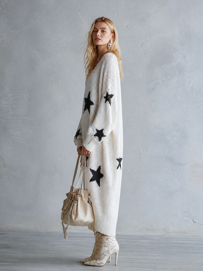 Oversized Star Print Knit Sweater Maxi Dress