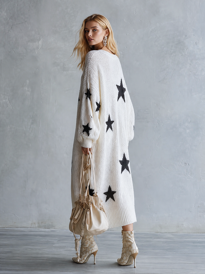 Oversized Star Print Knit Sweater Maxi Dress